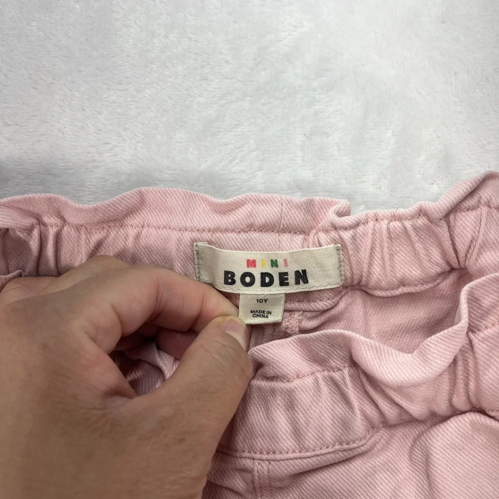 Mini Boden Denim Embroidered Shorts Girls 10Y Pull On Elastic Pink Pockets
